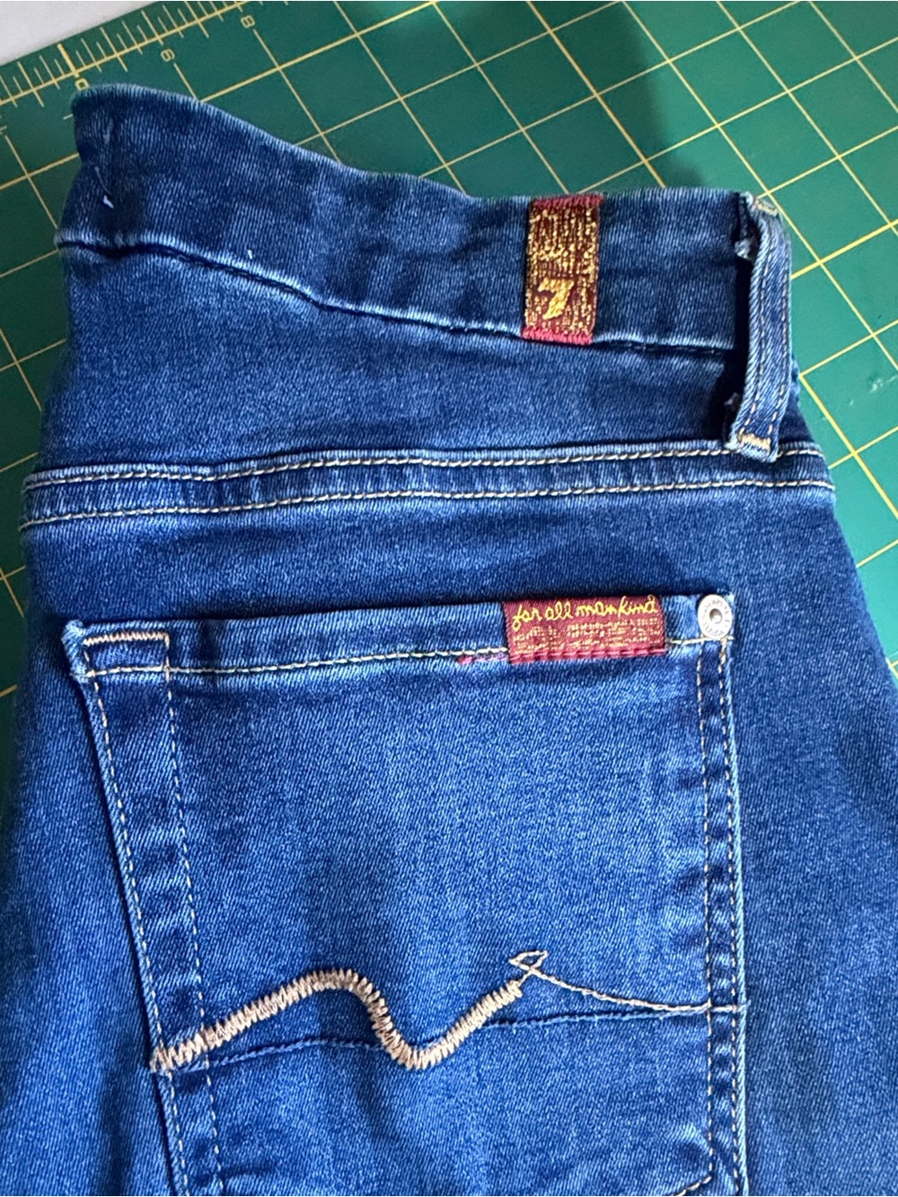7 For All Mankind Women's Straight Leg Jeans in Blue with Gold and Red Accents